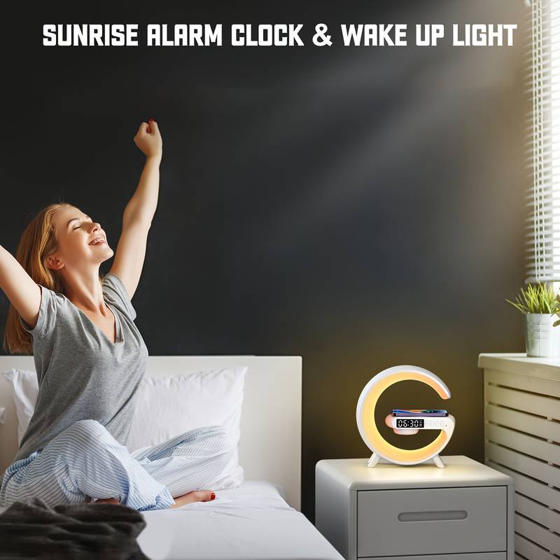 (free home deliver) Multifunctional Lamp With Bluetooth Speaker Wireless Charger Sunrise Wake-up & Alarm Clocky