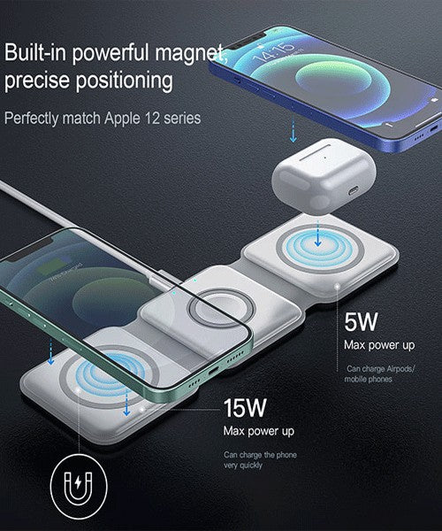 3 in 1 Magnetic Foldable Wireless Charging Station 15W Fast Charger for iPhone, AirPods & Smartwatch